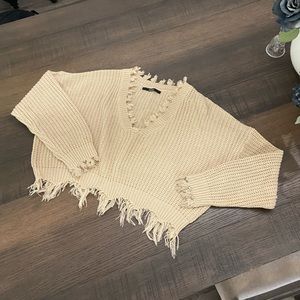 Loose Ripped V Neck Sweater - Tan - Size: M (No size listed on garment)